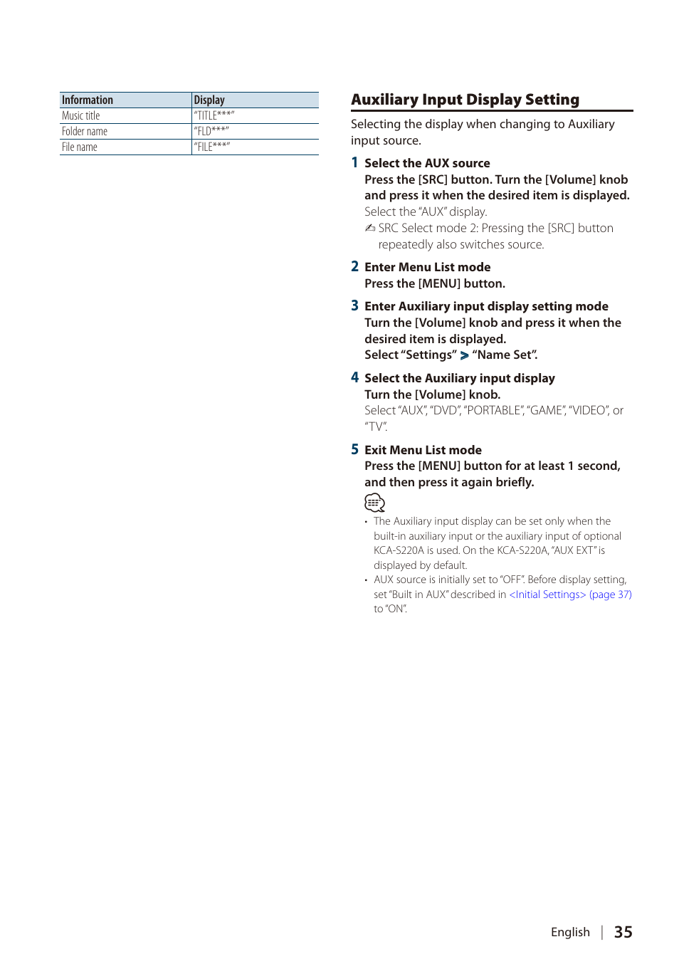 Auxiliary input display setting | Kenwood DIGITAL MEDIA RECEIVER KIV-700 User Manual | Page 35 / 76