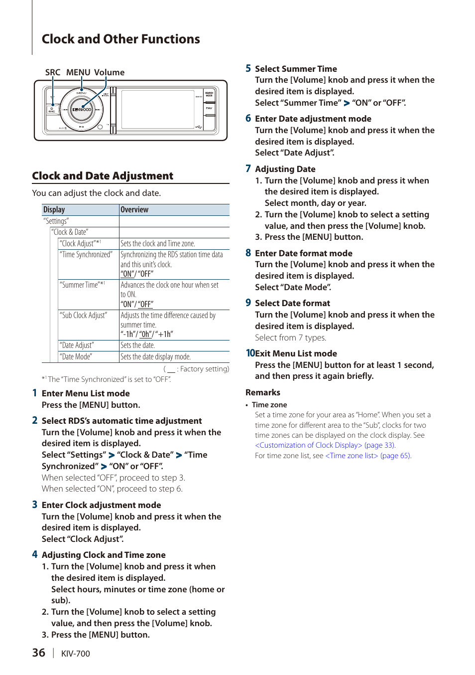 Clock and other functions, Clock and date adjustment, Clock and other functions 36 | Kenwood DIGITAL MEDIA RECEIVER KIV-700 User Manual | Page 36 / 76