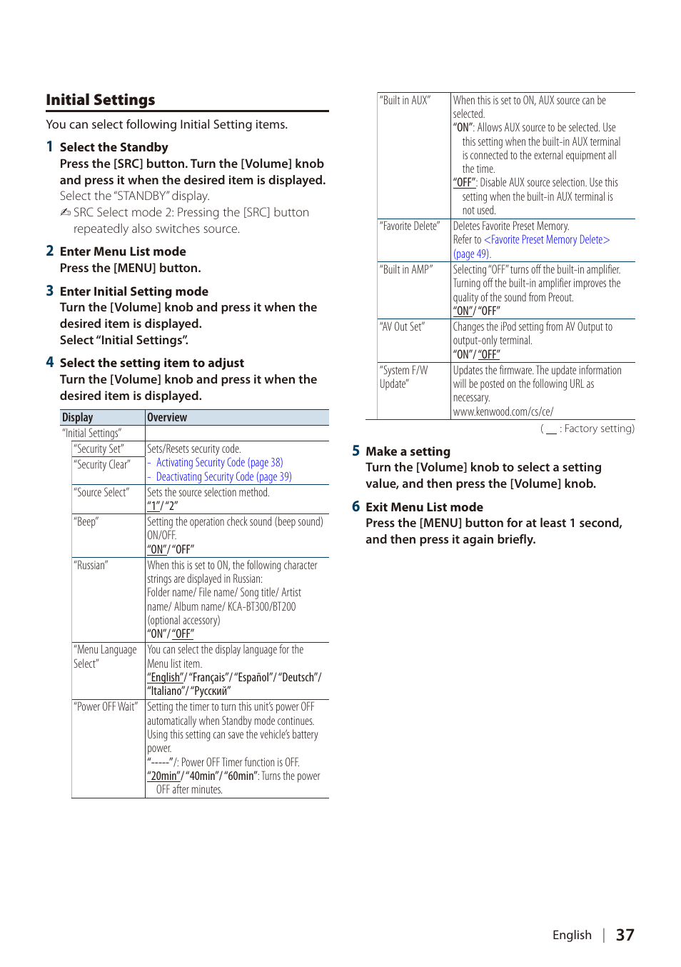 Initial settings | Kenwood DIGITAL MEDIA RECEIVER KIV-700 User Manual | Page 37 / 76