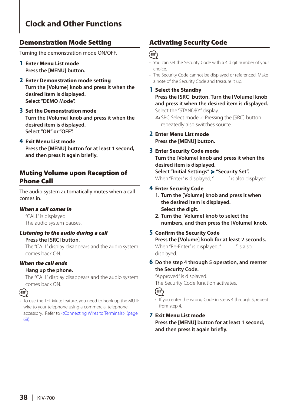 Demonstration mode setting, Muting volume upon reception of phone call, Activating security code | Phone call, Clock and other functions | Kenwood DIGITAL MEDIA RECEIVER KIV-700 User Manual | Page 38 / 76