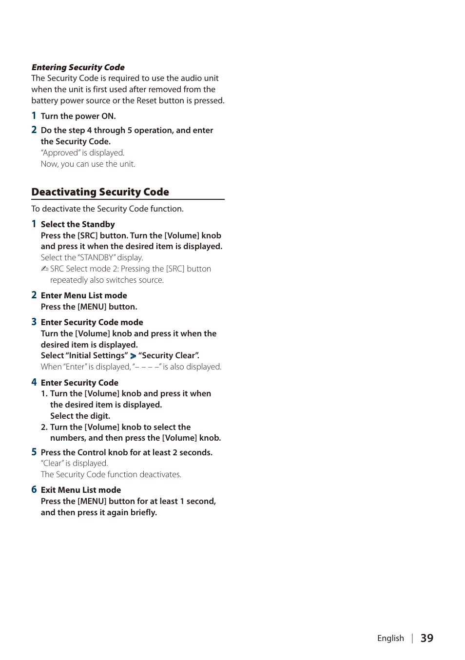 Deactivating security code | Kenwood DIGITAL MEDIA RECEIVER KIV-700 User Manual | Page 39 / 76