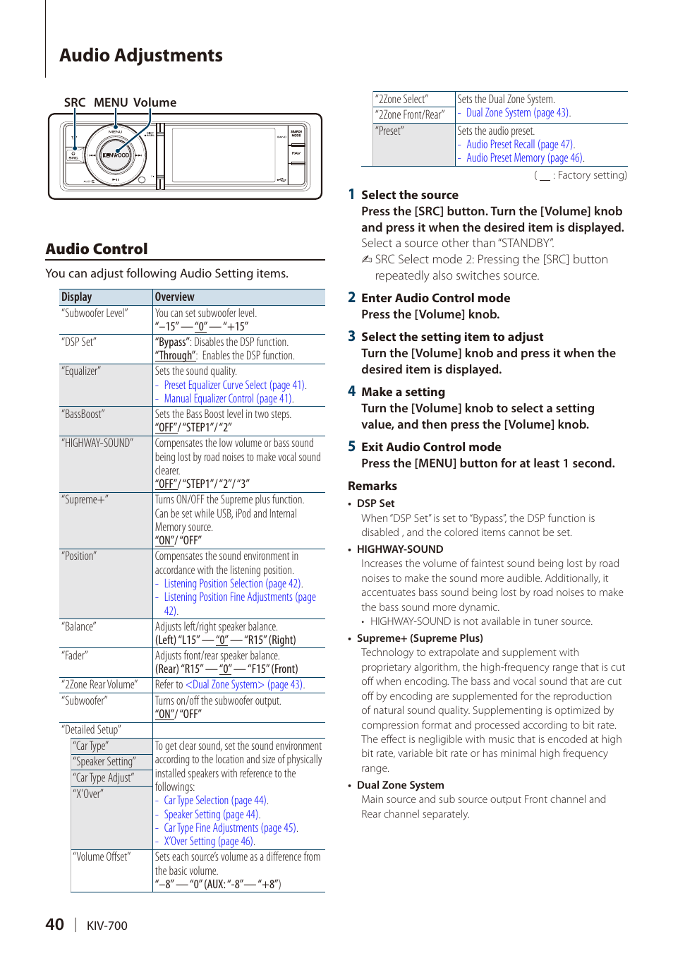 Audio adjustments, Audio control | Kenwood DIGITAL MEDIA RECEIVER KIV-700 User Manual | Page 40 / 76