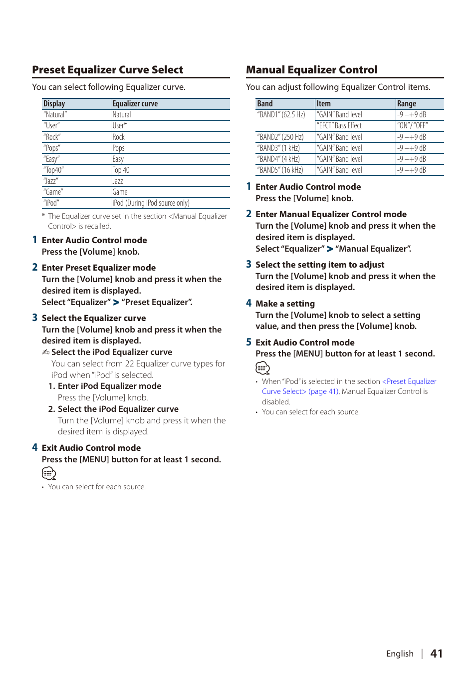 Preset equalizer curve select, Manual equalizer control | Kenwood DIGITAL MEDIA RECEIVER KIV-700 User Manual | Page 41 / 76