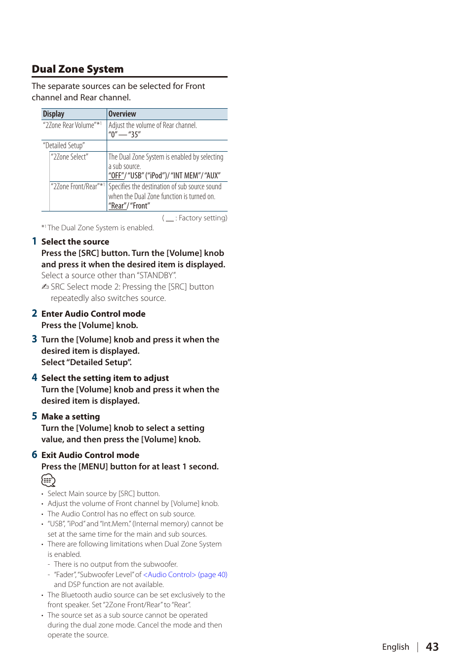 Dual zone system | Kenwood DIGITAL MEDIA RECEIVER KIV-700 User Manual | Page 43 / 76