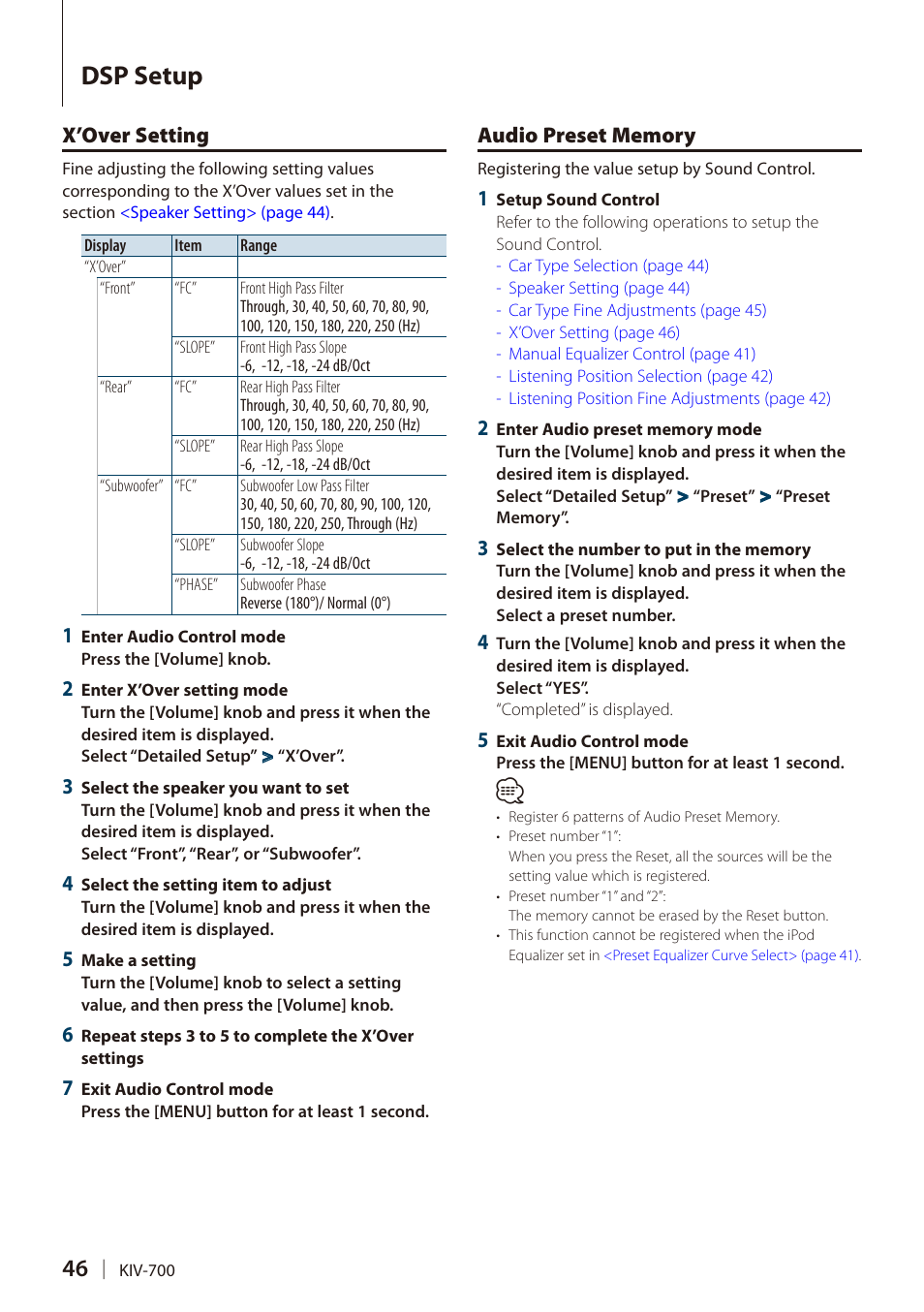 X’over setting, Audio preset memory, X’over setting audio preset memory | Dsp setup | Kenwood DIGITAL MEDIA RECEIVER KIV-700 User Manual | Page 46 / 76
