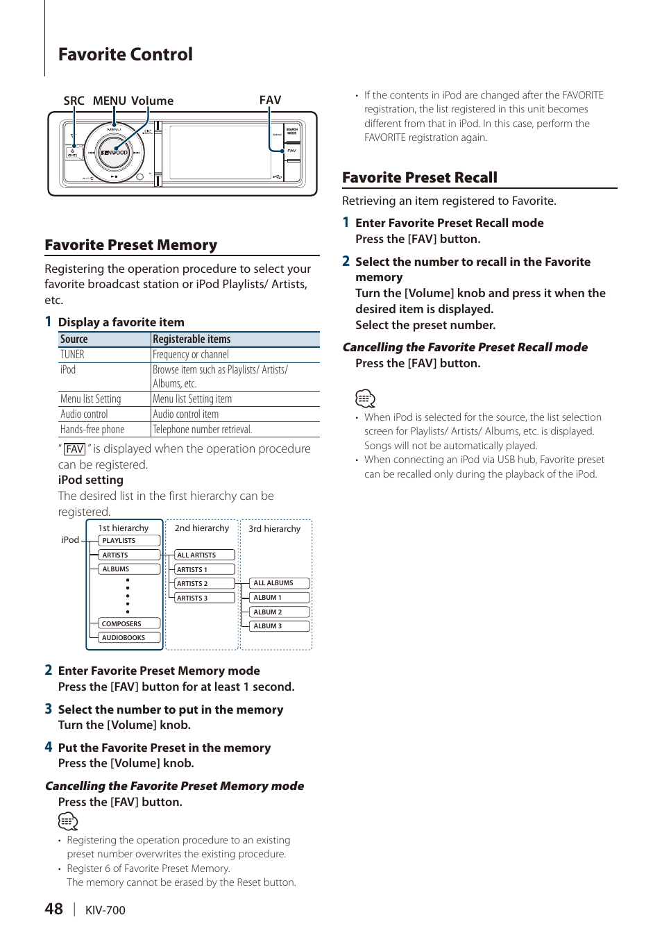 Favorite control, Favorite preset memory, Favorite preset recall | Favorite preset memory favorite preset recall | Kenwood DIGITAL MEDIA RECEIVER KIV-700 User Manual | Page 48 / 76