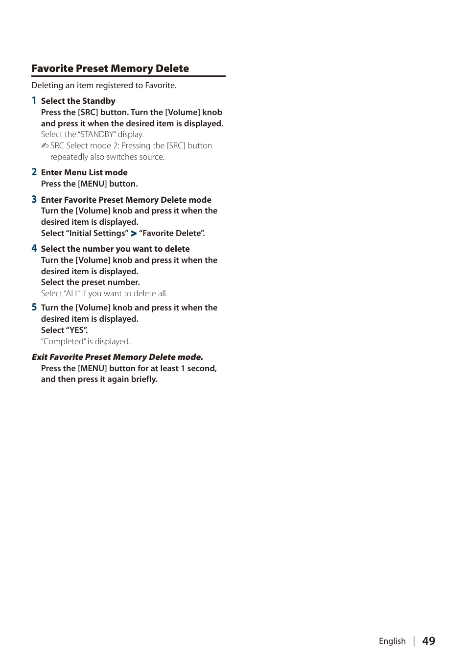 Favorite preset memory delete | Kenwood DIGITAL MEDIA RECEIVER KIV-700 User Manual | Page 49 / 76