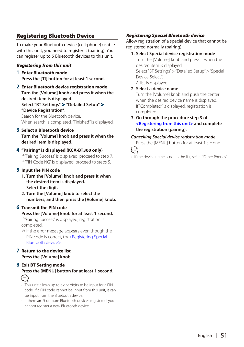 Registering bluetooth device | Kenwood DIGITAL MEDIA RECEIVER KIV-700 User Manual | Page 51 / 76