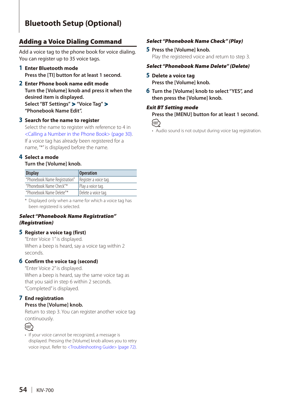 Adding a voice dialing command, Bluetooth setup (optional) | Kenwood DIGITAL MEDIA RECEIVER KIV-700 User Manual | Page 54 / 76
