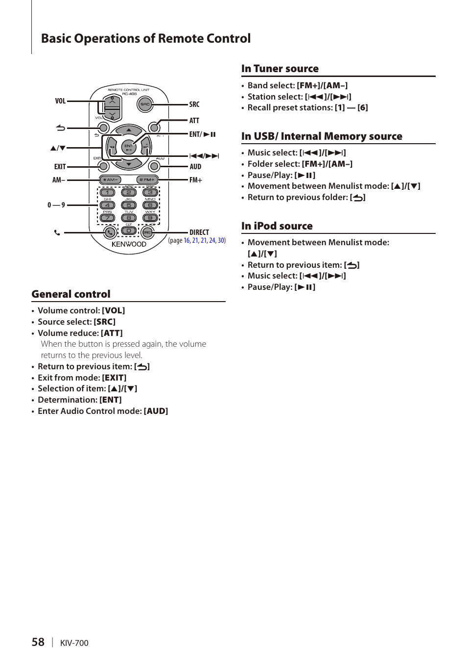 Basic operations of remote control, General control, In tuner source | In usb/ internal memory source, Basic operations of remote, Control | Kenwood DIGITAL MEDIA RECEIVER KIV-700 User Manual | Page 58 / 76