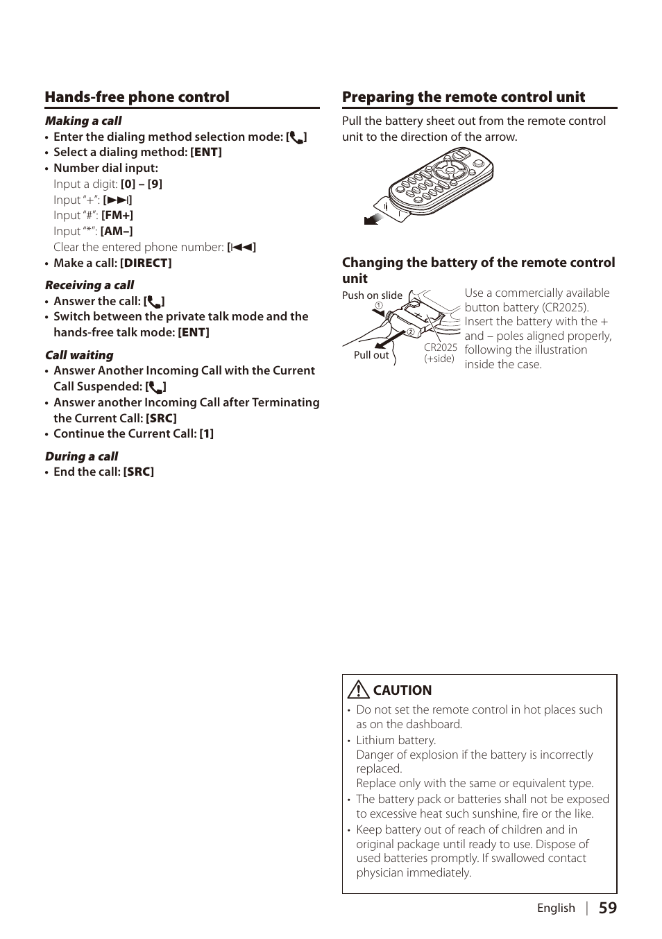 Preparing the remote control unit, Hands-free phone control | Kenwood DIGITAL MEDIA RECEIVER KIV-700 User Manual | Page 59 / 76