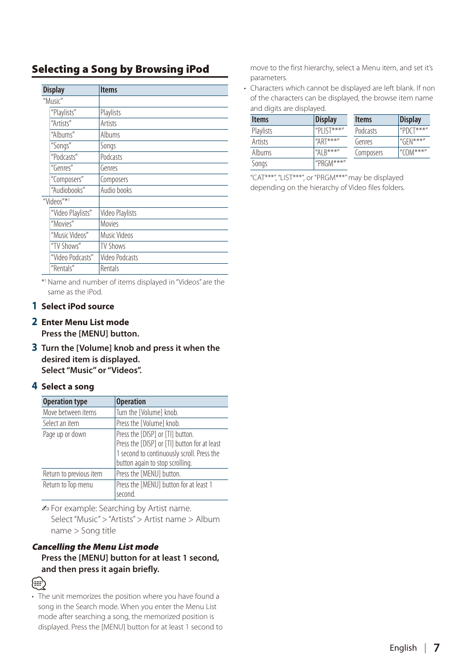 Selecting a song by browsing ipod | Kenwood DIGITAL MEDIA RECEIVER KIV-700 User Manual | Page 7 / 76