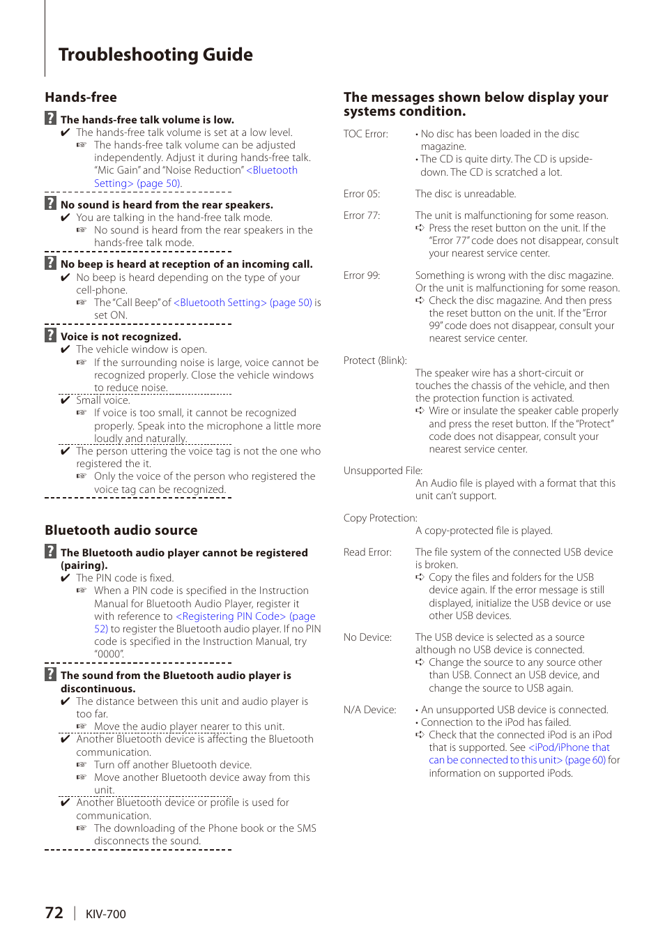 Troubleshooting guide, Hands-free, Bluetooth audio source | Kenwood DIGITAL MEDIA RECEIVER KIV-700 User Manual | Page 72 / 76