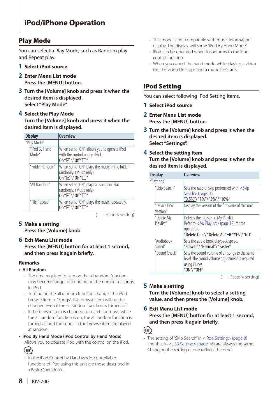 Play mode, Ipod setting, Play mode ipod setting | Ipod/iphone operation | Kenwood DIGITAL MEDIA RECEIVER KIV-700 User Manual | Page 8 / 76