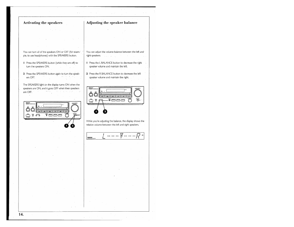 Activating the speakers, Adjusting the speaker balance | Kenwood 855 AV User Manual | Page 14 / 56