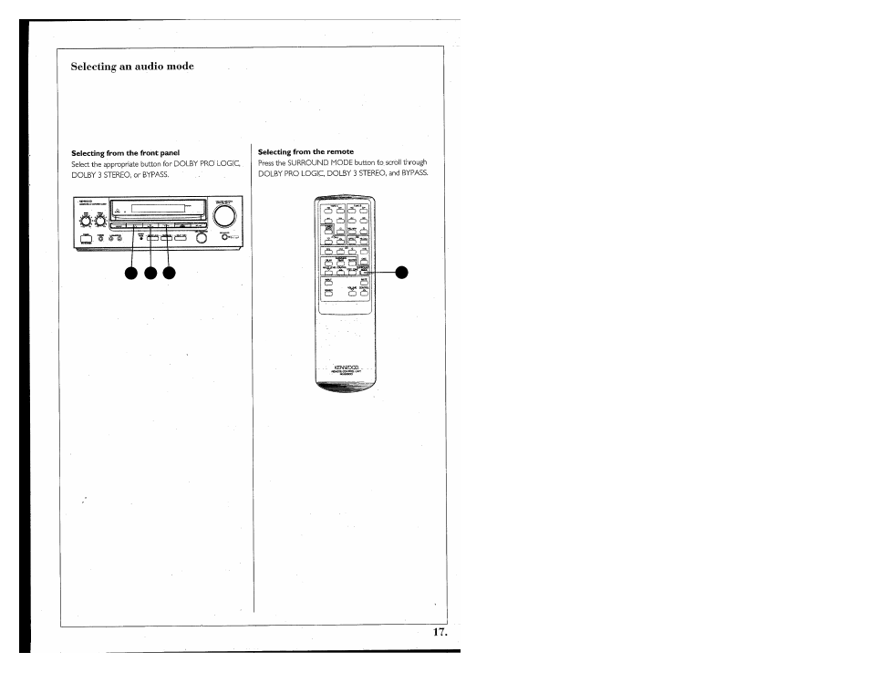 Selecting an audio mode, Lt=j | Kenwood 855 AV User Manual | Page 17 / 56