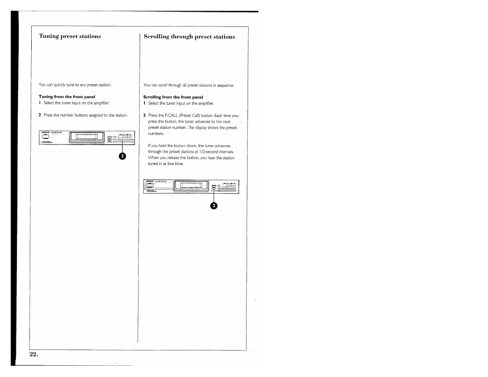 Tuning from the front panel, Scrolling from the front panel, Tuning preset stations | Scrolling through preset stations | Kenwood 855 AV User Manual | Page 22 / 56