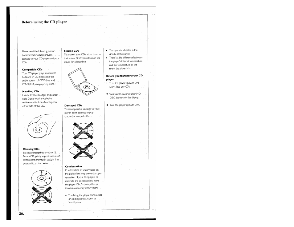 Before using the cd player, Compatible cds, Handling cds | Cleaning cds, Storing cds, Damaged cds, Before you transport your cd, Before using your cd player, Loading cds | Kenwood 855 AV User Manual | Page 26 / 56