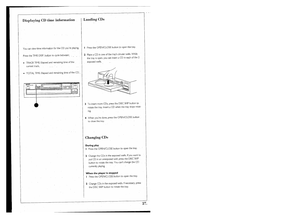 Changing cds, During play, When the player is stopped | Wherrthe player is stopped, Displaying cd time information, Loading cds | Kenwood 855 AV User Manual | Page 27 / 56