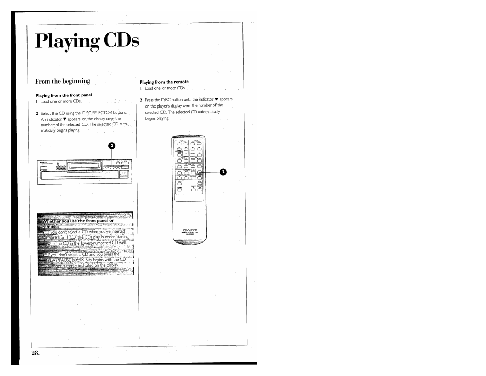 Playing cds, Playing from the front panel, Tyou use the front panel or | Playing from the remote, Playing | Kenwood 855 AV User Manual | Page 28 / 56