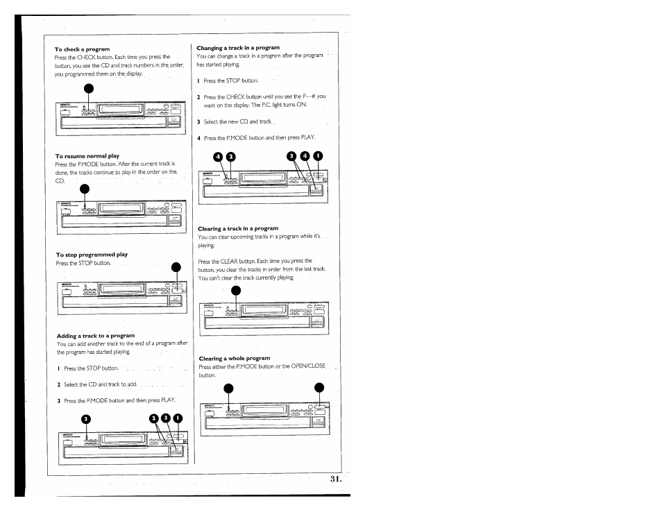 To check a program, Adding a track to a program, Changing a track in a program | Clearing a track in a program, Clearing a whole program, Adding atrack to a program | Kenwood 855 AV User Manual | Page 31 / 56