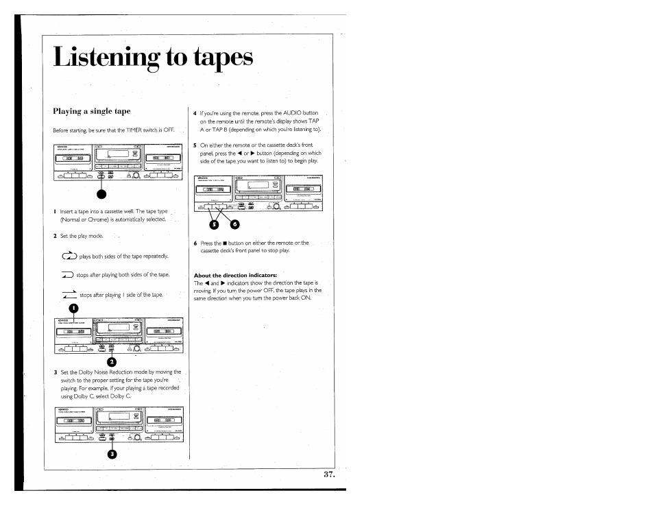 Listening to tapes, Playing a single tape, About the direction indicators | Kenwood 855 AV User Manual | Page 37 / 56