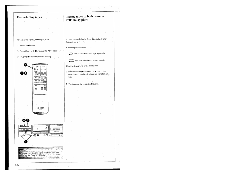 Fast-winding tapes, Playing tapes in both cassette wells (relay play), Playing tapes in both cassette wells | Relay play) | Kenwood 855 AV User Manual | Page 38 / 56