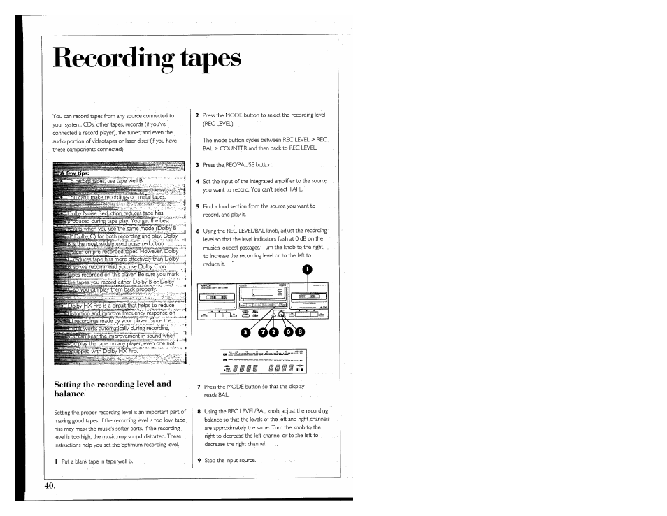 Recording tapes, Setting the recording level and balance | Kenwood 855 AV User Manual | Page 40 / 56