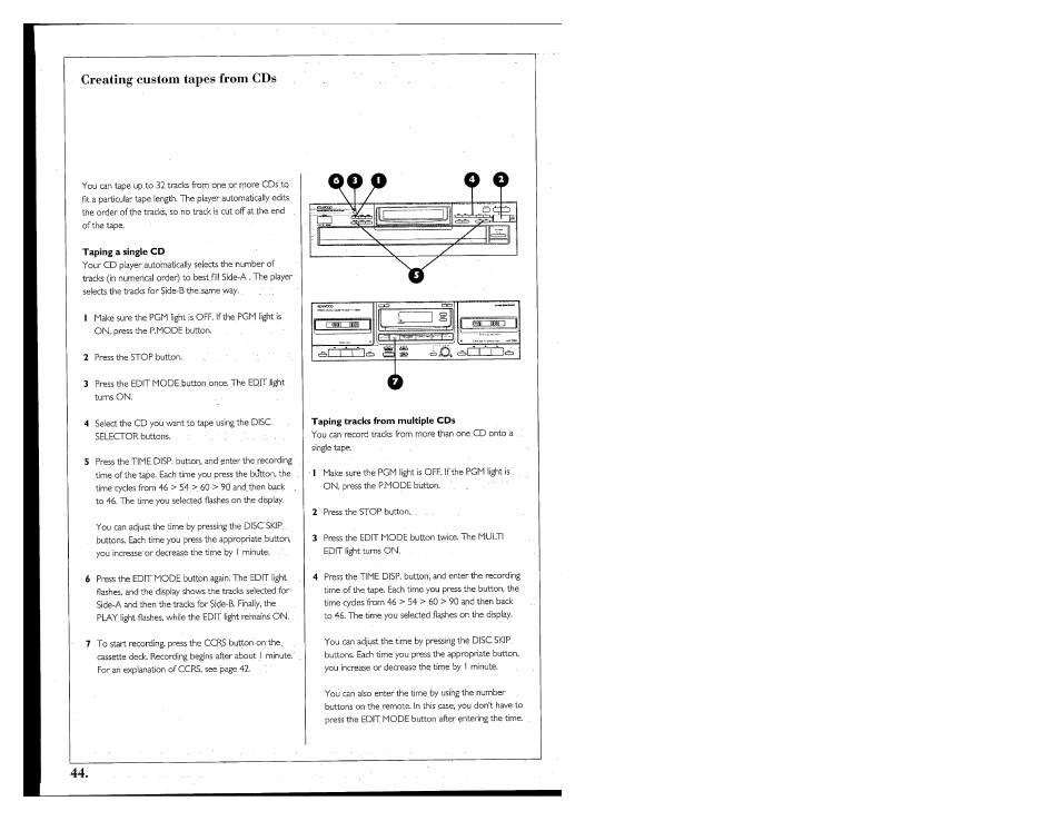 Creating custom tapes from cds, Taping tracks from multiple cds | Kenwood 855 AV User Manual | Page 44 / 56