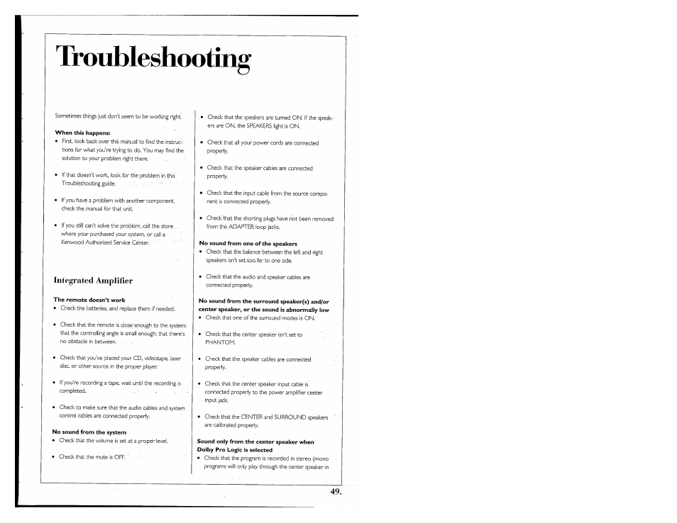 Troublesho, Dtillg, Integrated amplifier | Kenwood 855 AV User Manual | Page 49 / 56