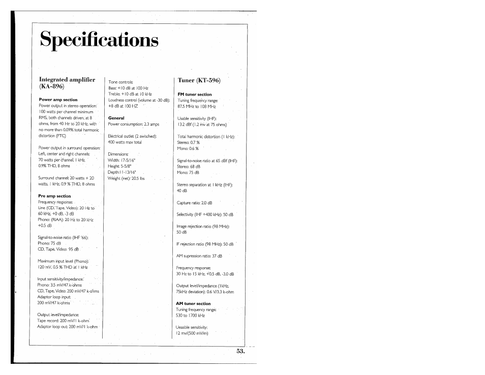 Specifications, Power amp section, Pre amp section | General, Fm tuner section, Am tuner section, Integrated amplifier (ka-896), Tuner (kt-596) | Kenwood 855 AV User Manual | Page 53 / 56