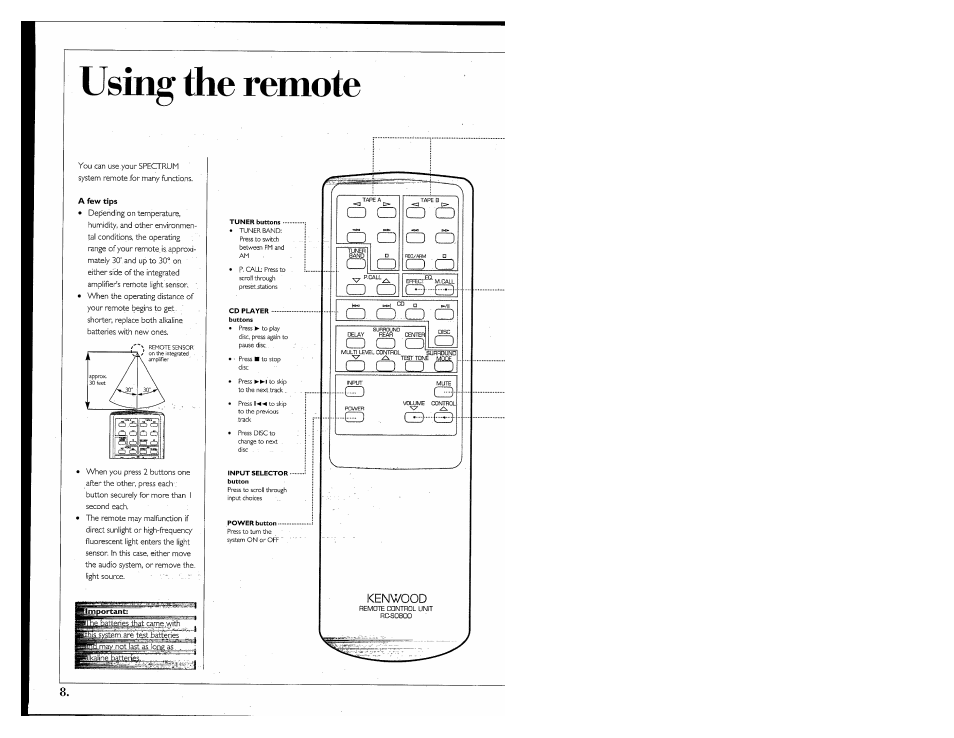 Using the remote, A few tips, A a o | I~) ro fw, Kenwood | Kenwood 855 AV User Manual | Page 8 / 56