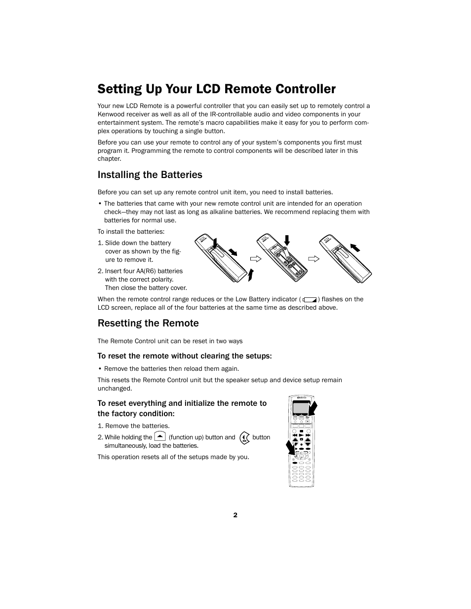 Setting up your lcd remote controller, Installing the batteries, Resetting the remote | Kenwood Sovereign LCD Remote Control User Manual | Page 2 / 16