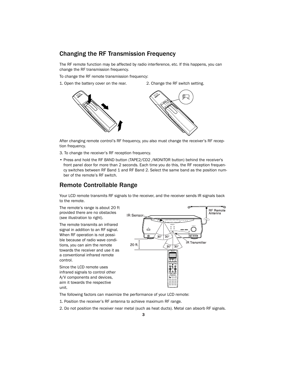 Changing the rf transmission frequency, Remote controllable range | Kenwood Sovereign LCD Remote Control User Manual | Page 3 / 16