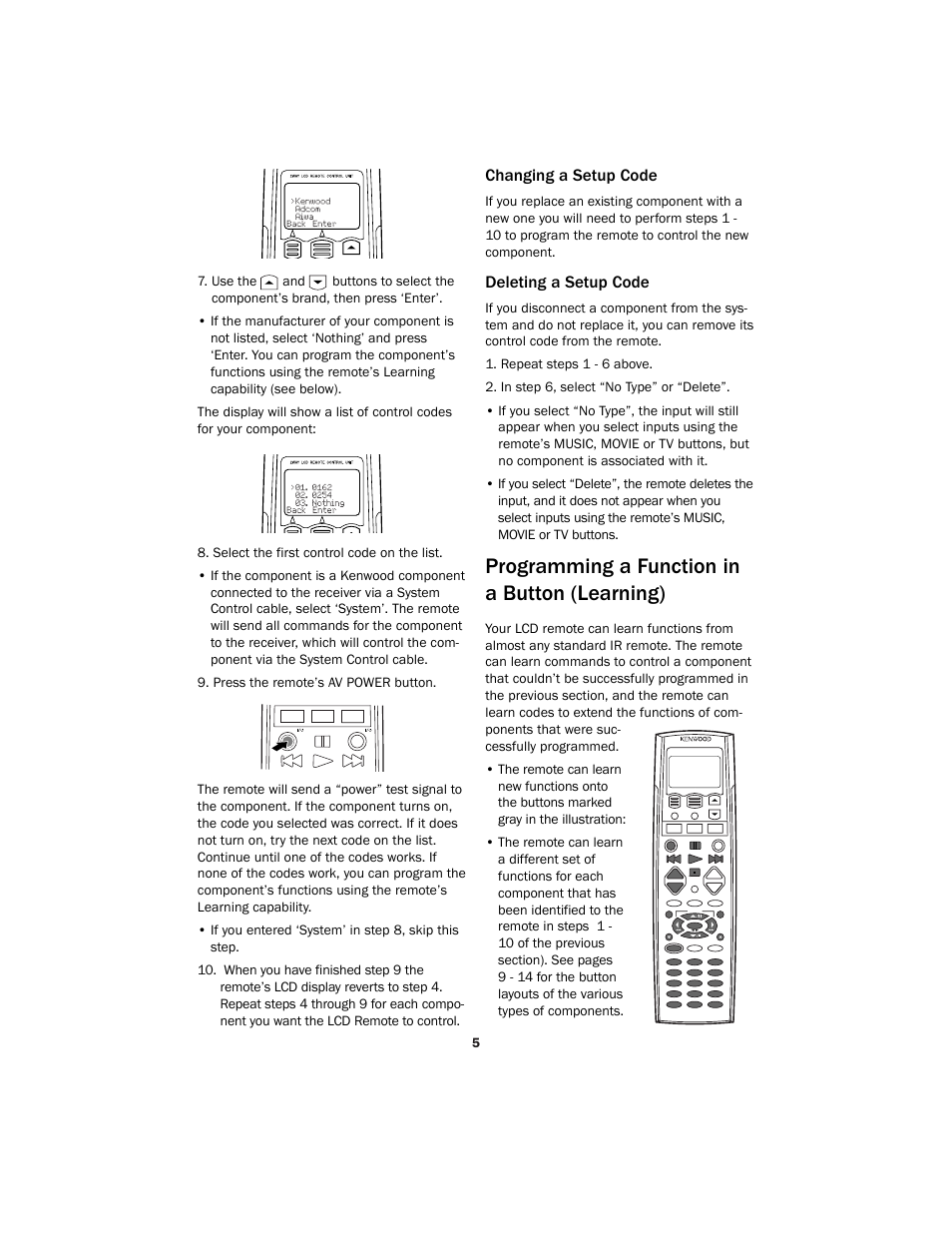 Programming a function in a button (learning), Changing a setup code, Deleting a setup code | Kenwood Sovereign LCD Remote Control User Manual | Page 5 / 16