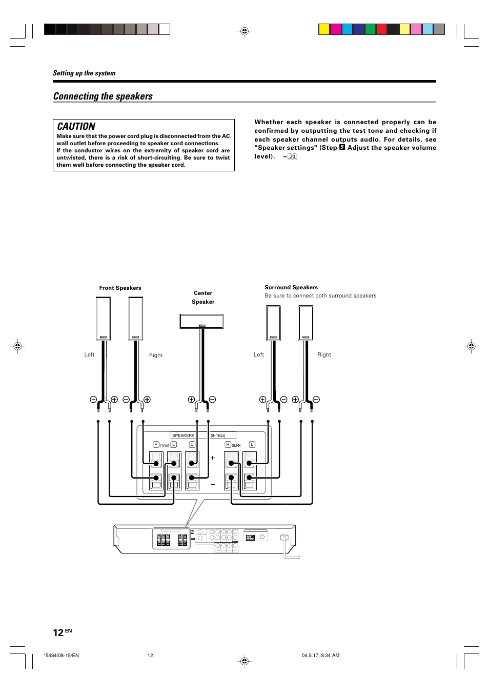 Connecting the speakers, Caution, Setting up the system | Kenwood VRS-6100 User Manual | Page 12 / 40