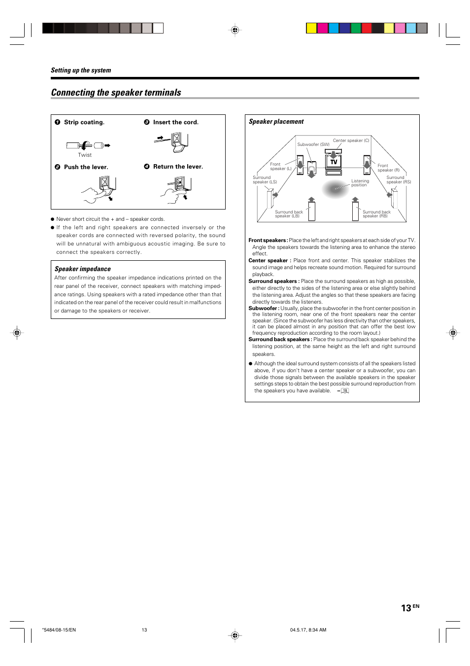 Connecting the speaker terminals | Kenwood VRS-6100 User Manual | Page 13 / 40