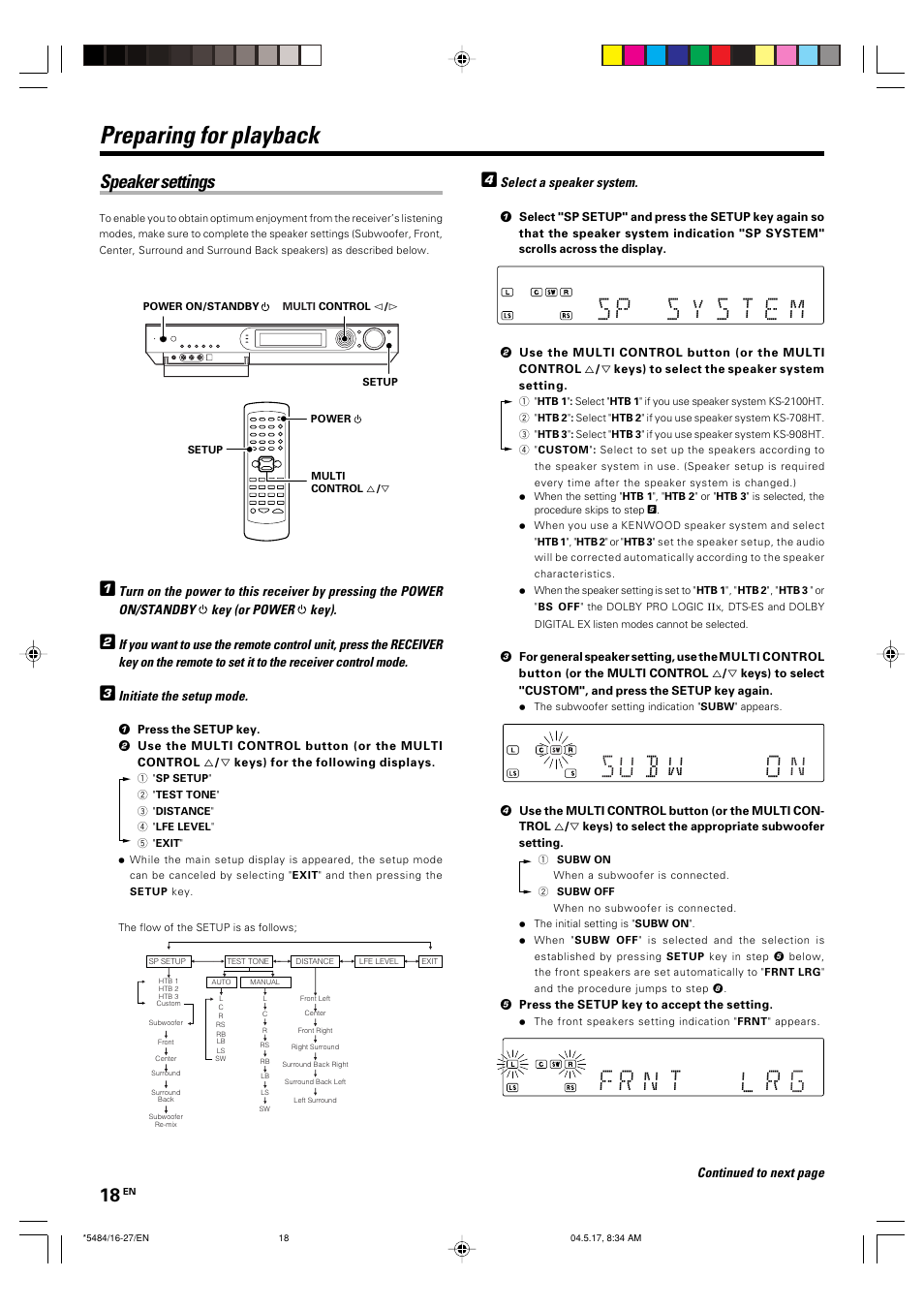 Su b w 0 n, Preparing for playback, Speaker settings | Kenwood VRS-6100 User Manual | Page 18 / 40