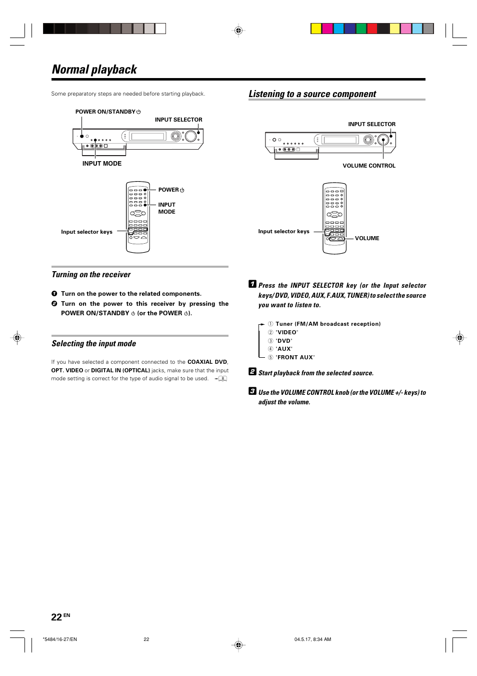 Normal playback, Listening to a source component 1, Turning on the receiver | Selecting the input mode | Kenwood VRS-6100 User Manual | Page 22 / 40