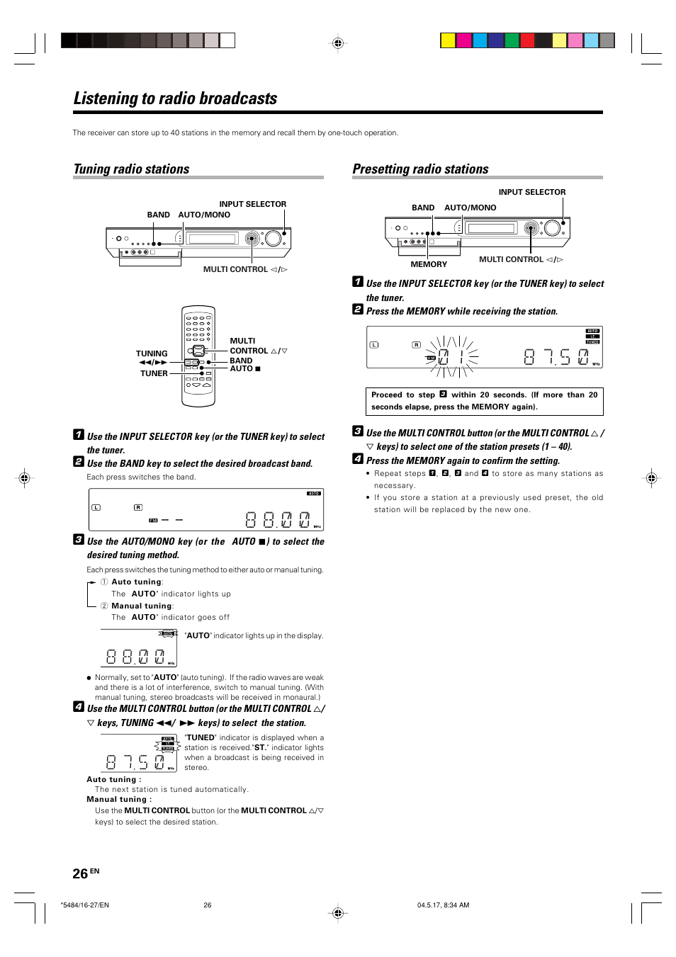 Listening to radio broadcasts, Tuning radio stations, Presetting radio stations | Kenwood VRS-6100 User Manual | Page 26 / 40