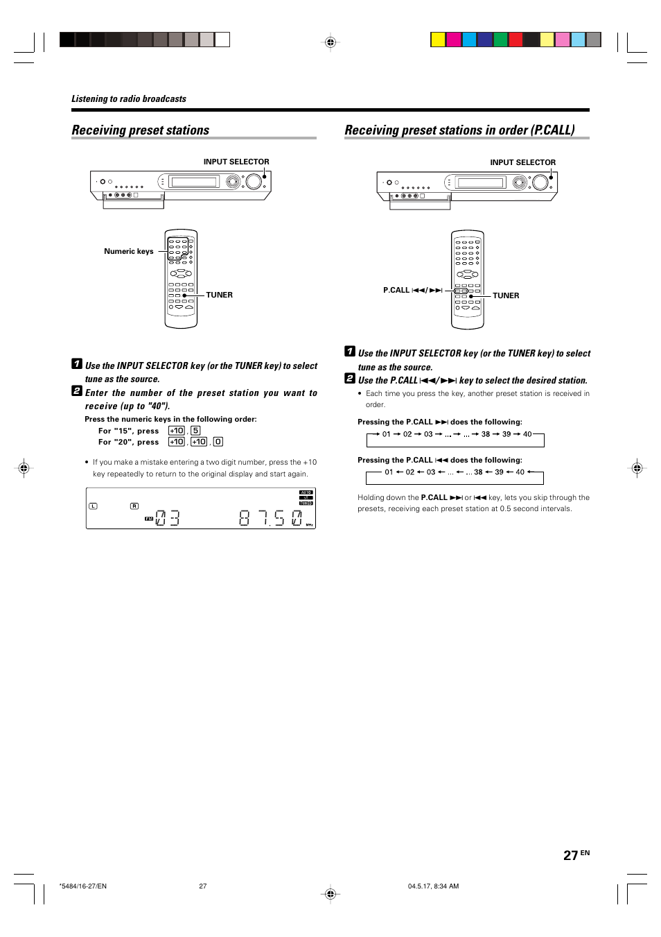 Receiving preset stations, Receiving preset stations in order (p.call) | Kenwood VRS-6100 User Manual | Page 27 / 40