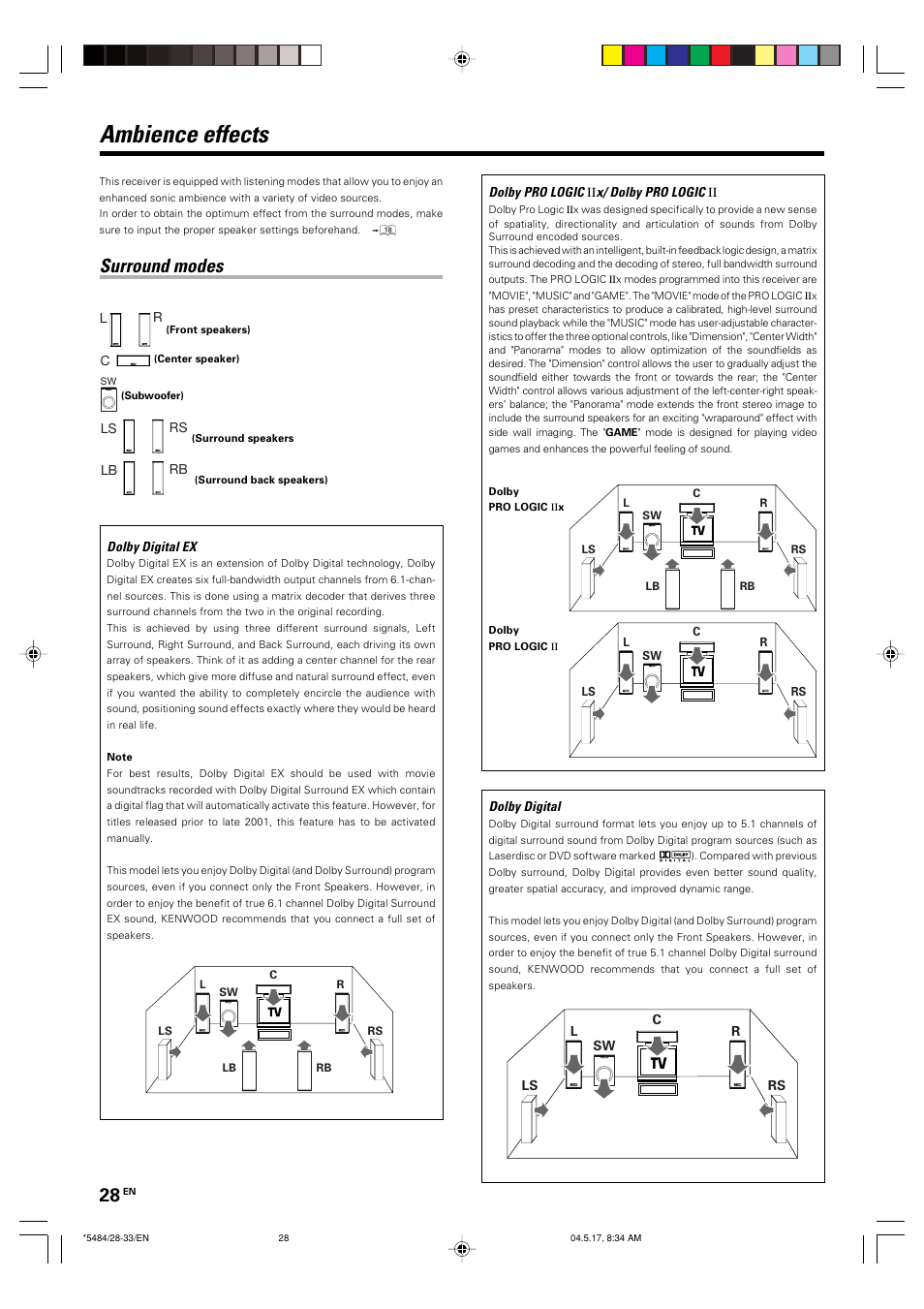 Ambience effects, Surround modes | Kenwood VRS-6100 User Manual | Page 28 / 40