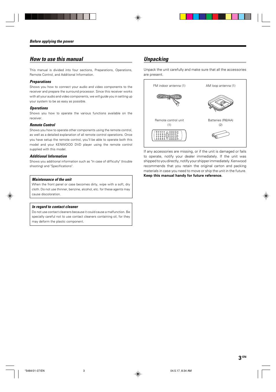 How to use this manual, Unpacking | Kenwood VRS-6100 User Manual | Page 3 / 40