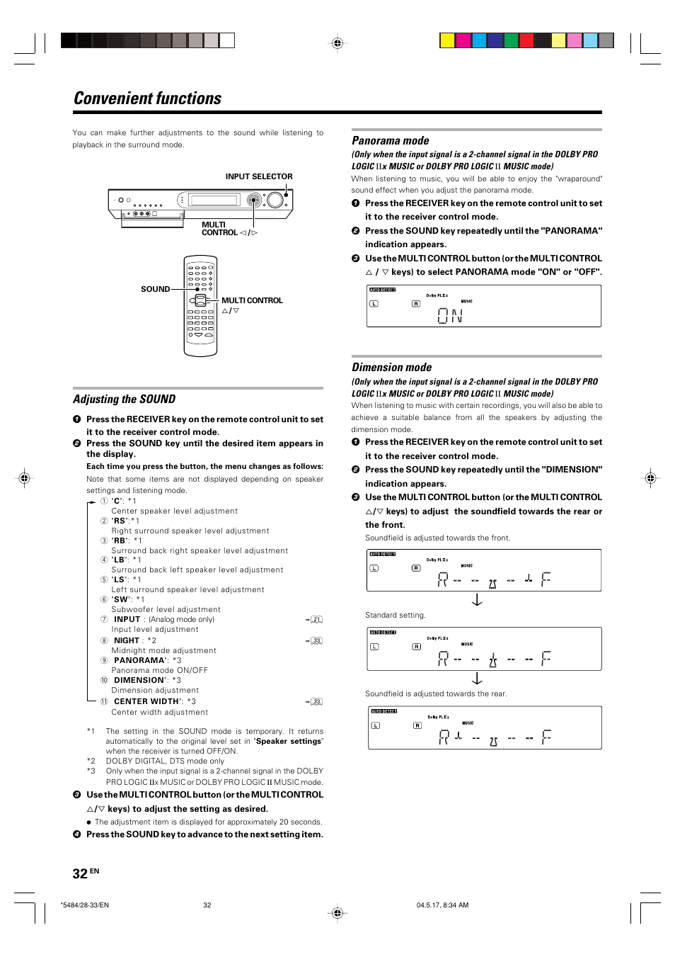 Convenient functions, Adjusting the sound panorama mode, Dimension mode | Kenwood VRS-6100 User Manual | Page 32 / 40