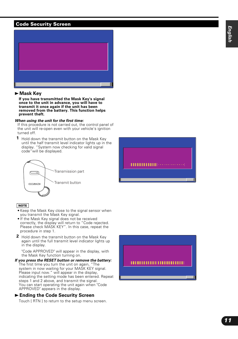 3 mask key, 3 ending the code security screen, English | Code security screen | Kenwood KVC-1000 User Manual | Page 11 / 36