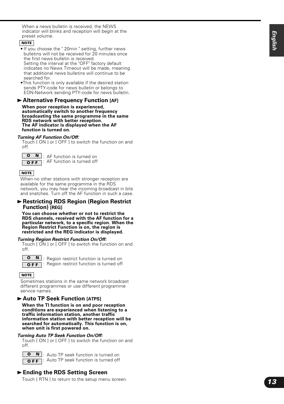 English, 3 alternative frequency function, 3 auto tp seek function | 3 ending the rds setting screen | Kenwood KVC-1000 User Manual | Page 13 / 36