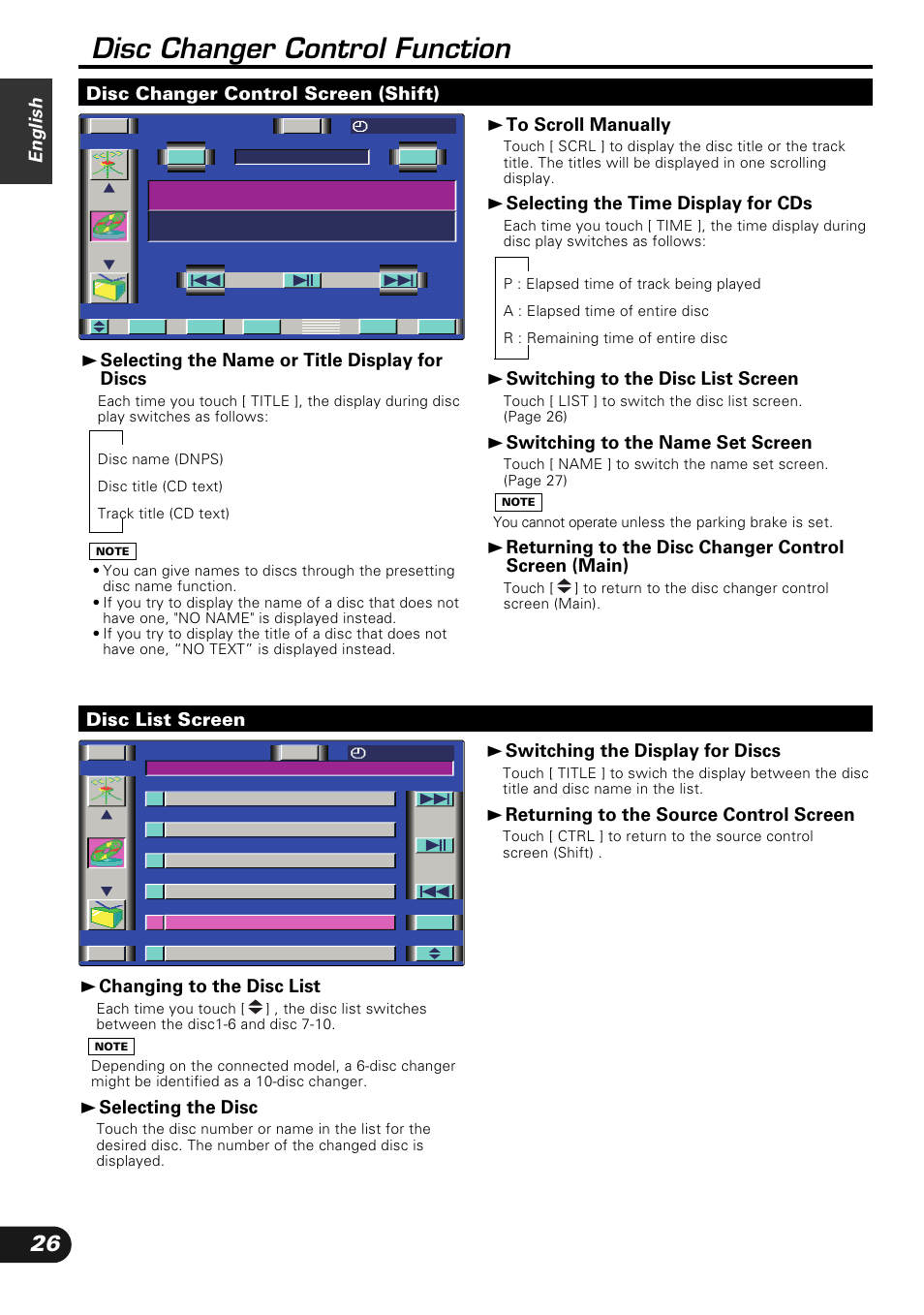 Disc changer control function, English, 3 changing to the disc list | 3 selecting the disc, 3 switching the display for discs, 3 returning to the source control screen, 3 to scroll manually, 3 selecting the time display for cds, 3 switching to the disc list screen, 3 switching to the name set screen | Kenwood KVC-1000 User Manual | Page 26 / 36