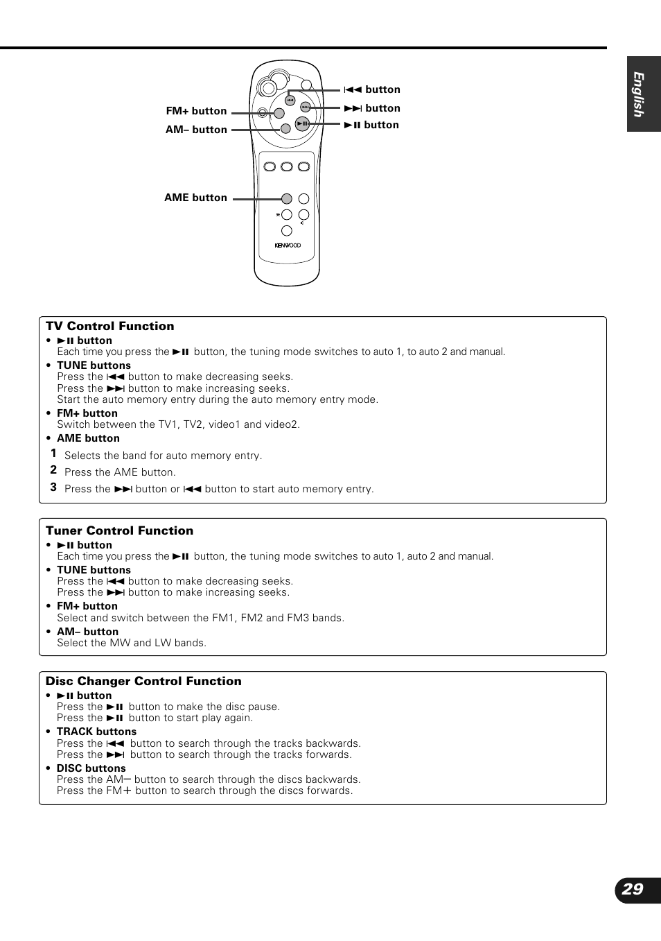 English, Tv control function, 32 1 tuner control function | Disc changer control function | Kenwood KVC-1000 User Manual | Page 29 / 36