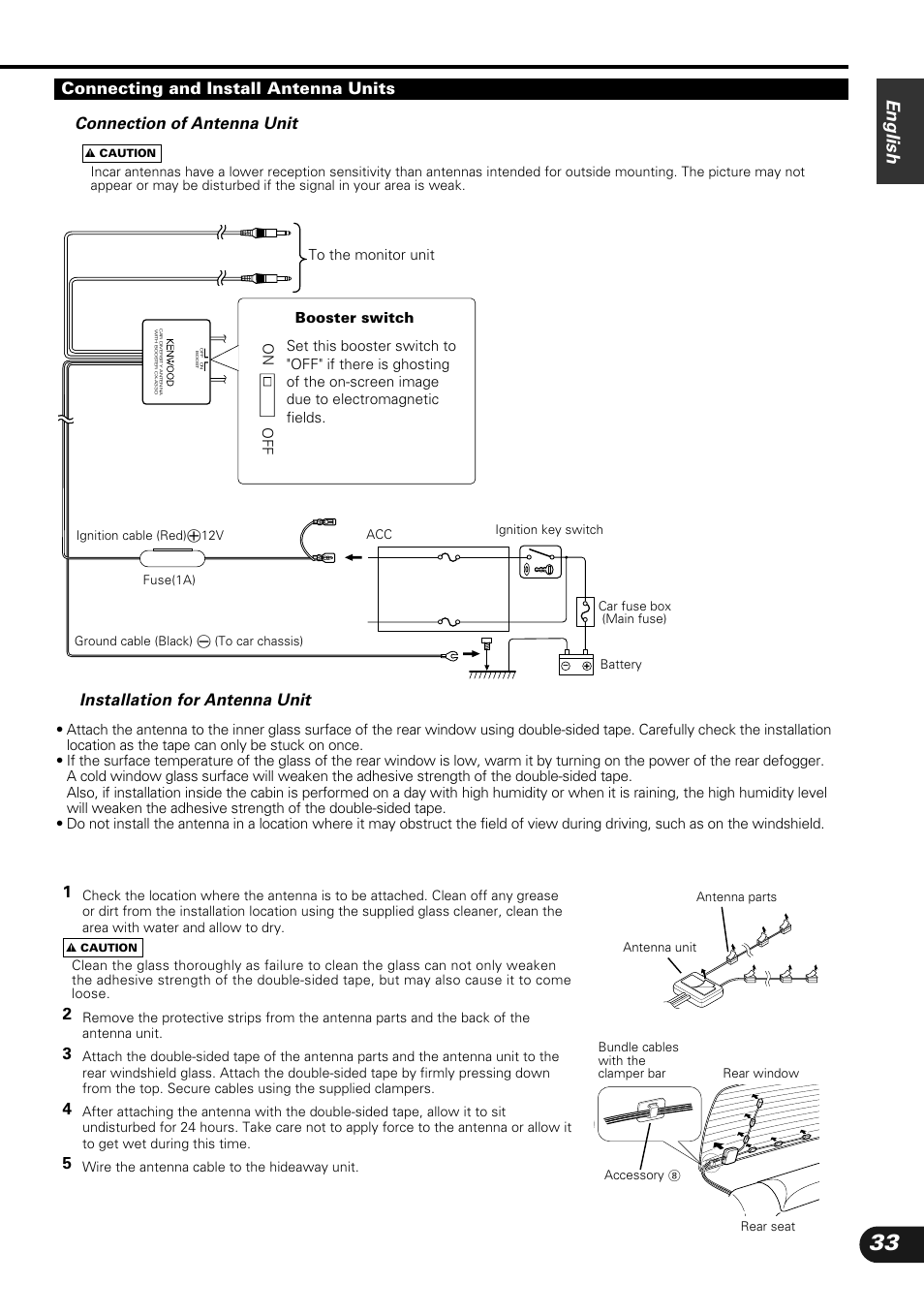 English, Installation for antenna unit | Kenwood KVC-1000 User Manual | Page 33 / 36