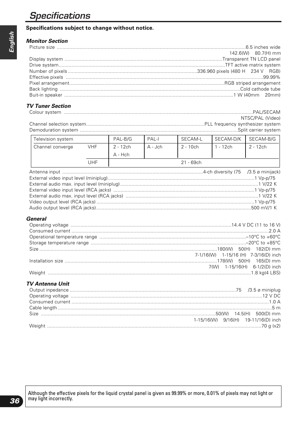 Specifications, English | Kenwood KVC-1000 User Manual | Page 36 / 36